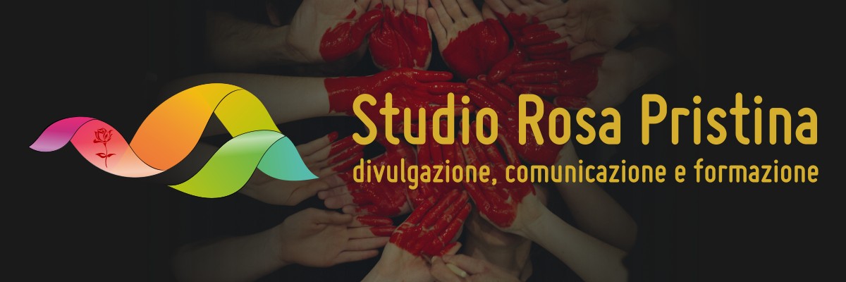 Sullo sfondo, tante mani intrecciate e dipinte di rosso a formare un cuore. In primo piano, il logo di Studio Rosa Pristina