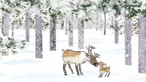 Un cucciolo di renna con il suo papà in un bosco innevato. Il Natale è la riscoperta di relazioni