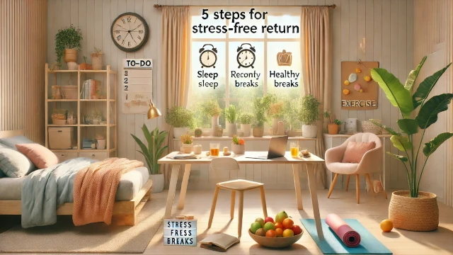 I cinque passi per un ritorno senza stress. Programmazione, sonno, pause, esercizio e cibo sano I cinque passi per un ritorno senza stress. Programmazione, sonno, pause, esercizio e cibo sano