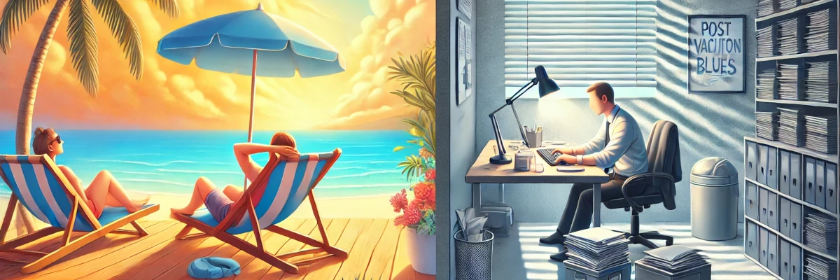 A volte, tornare al lavoro è più che una seccatura... A sinistra, l'uomo sdraiato in spiaggia. A destra, l'uomo chiuso in ufficio. A volte, tornare al lavoro è più che una seccatura...
