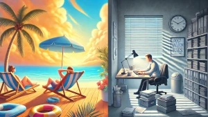 A sinistra, l'uomo sdraiato in spiaggia. A destra, l'uomo chiuso in ufficio. A volte, tornare al lavoro è più che una seccatura...