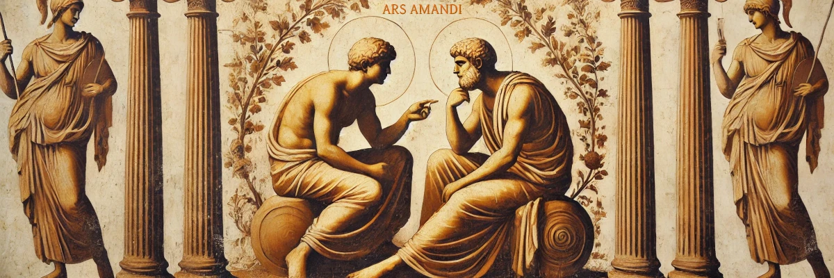 Non vi è un solo tipo di amore, ma tutti si basano sulla capacità di donarsi Ricostruzione di un'ipotetica scena in stile greco-romano: due uomini parlano, vicino a due statue di donne guerriere. Non vi è un solo tipo di amore, ma tutti si basano sulla capacità di donarsi
