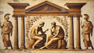 Ricostruzione di un'ipotetica scena in stile greco-romano: due uomini parlano, vicino a due statue di donne guerriere. Non vi è un solo tipo di amore, ma tutti si basano sulla capacità di donarsi