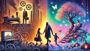 Immagine di fantasia di un papà che accompagna per mano una figlia e un figlio. A sinistra, una figura paterna vecchio stampo. A destra, la mamma che lavora al computer. Sta nascendo un tipo di paternità nuova