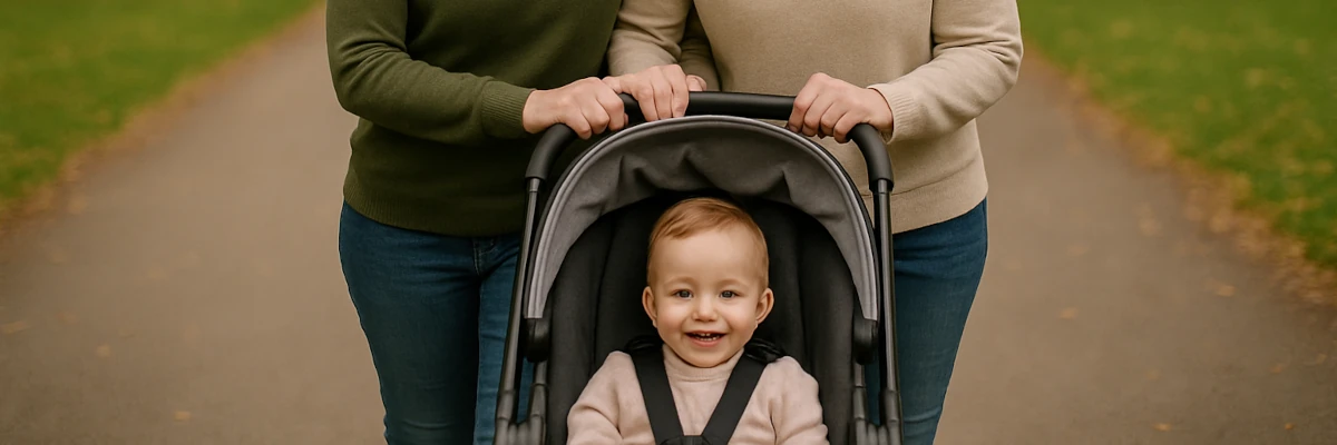L'omogenitorialità è un percorso che prevede molti passi difficili e importanti Un bimbo nel passeggino spinto da quattro braccia femminili. L'omogenitorialità è un percorso che prevede molti passi difficili e importanti