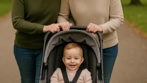 Un bimbo nel passeggino spinto da quattro braccia femminili. L'omogenitorialità è un percorso che prevede molti passi difficili e importanti