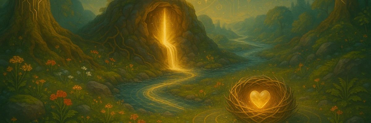 La mamma è il modo con cui vediamo il mondo, ma possiamo modificarlo e renderlo più adatto a noi Immagine fantastica di una roccia da cui sgorga un fluido dorato che arriva a un nido contenente un cuore d'oro. La mamma è il modo con cui vediamo il mondo, ma possiamo modificarlo e renderlo più adatto a noi