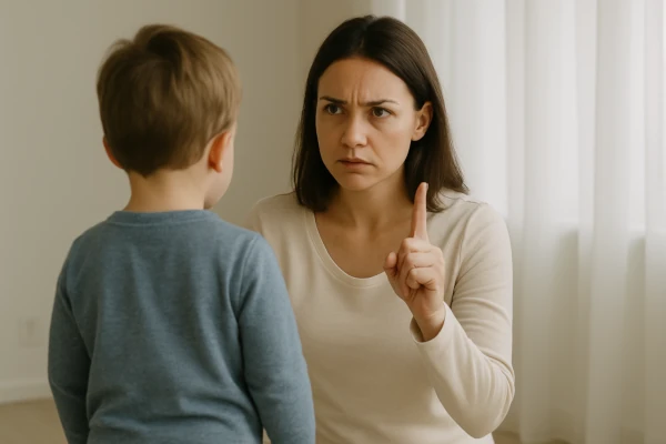 Il Genitore Normativo è colui che dà al bimbo un codice di comportamento, regole e valori Una mamma con il volto serio e corrucciato, l'indice alzato, sta facendo una ramanzina al bimbo. Il Genitore Normativo è colui che dà al bimbo un codice di comportamento, regole e valori
