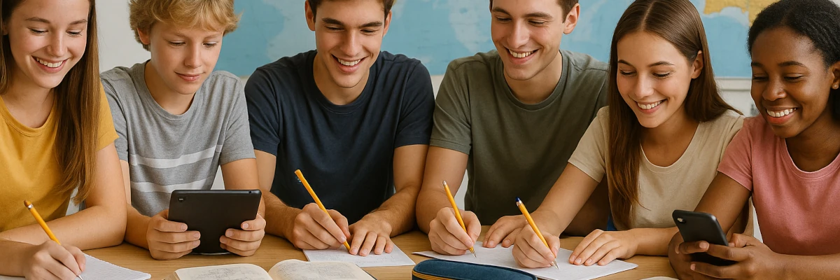 Ognuno può studiare con profitto: basta che trovi il suo metodo di studio Gruppetto di ragazzi e ragazze delle medie e delle superiori che studiano serenamente con libri, quaderni, astucci, smartphone e tablet. Ognuno può studiare con profitto: basta che trovi il suo metodo di studio
