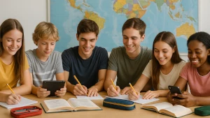 Gruppetto di ragazzi e ragazze delle medie e delle superiori che studiano serenamente con libri, quaderni, astucci, smartphone e tablet. Ognuno può studiare con profitto: basta che trovi il suo metodo di studio
