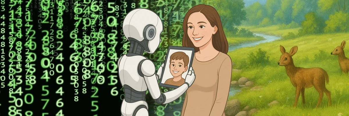 La relazione con l'adulto è ciò che permette ai bambini di riconoscersi esseri umani anche attraverso il digitale Un robottino guarda il tablet sotto lo sguardo accogliente della mamma umana e vede riflesso il suo volto di ragazzo. La relazione con l'adulto è ciò che permette ai bambini di riconoscersi esseri umani anche attraverso il digitale