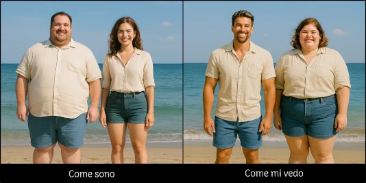 Non è detto che la mia immagine corporea debba essere negativa: posso pensare infatti di essere molto meglio di ciò che sono e di stupirmi del fatto che non ho l'apprezzamento degli altri Immagine doppia: a sinistra un uomo e una donna in spiaggia così come sono (lui grasso e lei normotipo), mentre a destra così come si vedono (lui aitante e lei grassa al limite dell'obesità). Non è detto che la mia immagine corporea debba essere negativa: posso pensare infatti di essere molto meglio di ciò che sono e di stupirmi del fatto che non ho l'apprezzamento degli altri