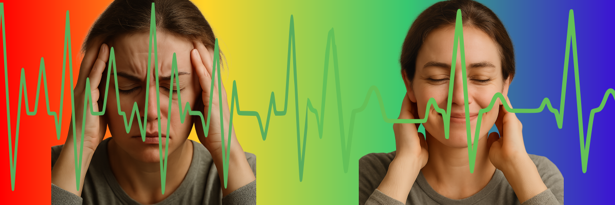 La pausa ha influenze benefiche sulla vita A sinistra, volto di donna tesa, con battico cardiaco molto rapido. A destra, volto di donna serena, con battito cardiaco pacato. La pausa ha influenze benefiche sulla vita