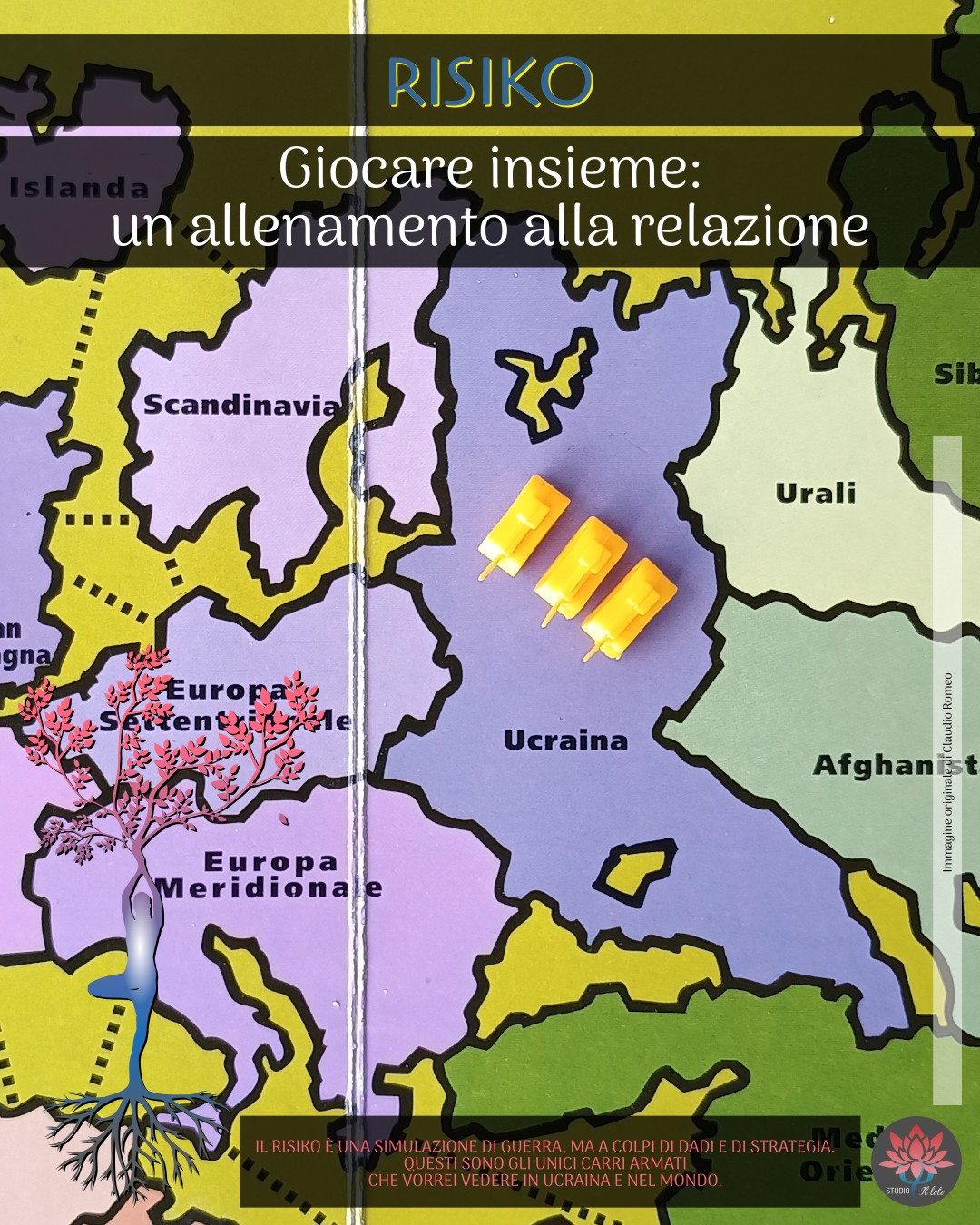 Porzione di una vecchia plancia di Risiko: tre carri armati gialli sono posti in Ucraina. Il Risiko è una simulazione di guerra, ma a colpi di dadi e di strategia. Questi sono gli unici carri armati che vorrei vedere in Ucraina e nel mondo