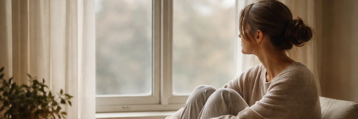 Donna seduta accanto a una finestra, in un ambiente domestico silenzioso, osserva l’esterno in un momento di pausa e disconnessione Donna seduta accanto a una finestra, in un ambiente domestico silenzioso, osserva l’esterno in un momento di pausa e disconnessione