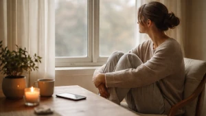 Donna seduta accanto a una finestra, in un ambiente domestico silenzioso, osserva l’esterno in un momento di pausa e disconnessione