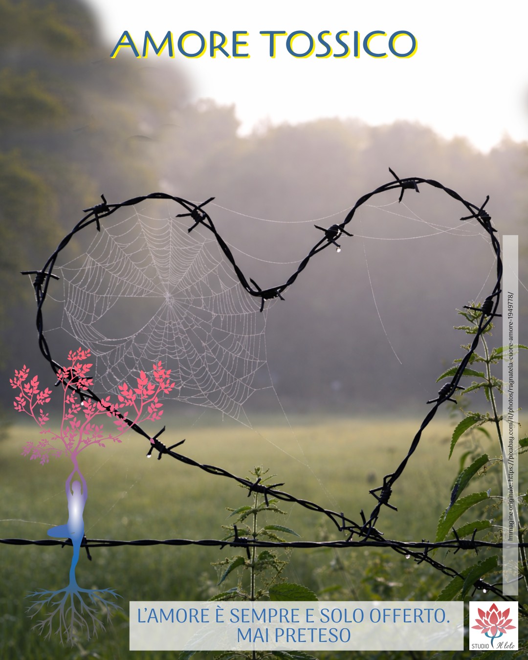 L'amore tossico non è amore: è un veleno travestito da amore Cuore formato dal filo spinato, contenente una ragnatela. L'amore tossico non è amore: è un veleno travestito da amore