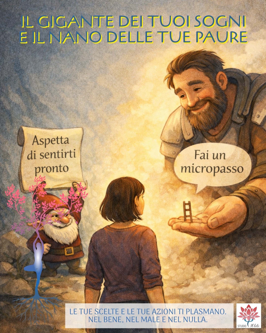 Le paure e i desideri sono motori potenti, che possono spingere all'azione o all'inazione Un giovane davanti a un nano e ad un gigante: le paure e i desideri sono motori potenti, che possono spingere all'azione o all'inazione