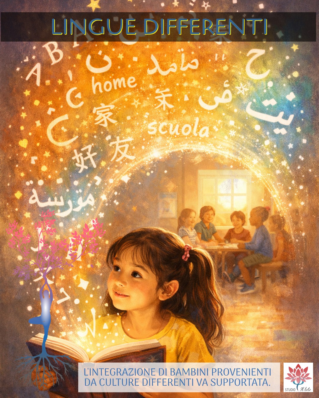 L'apprendimento della lettura e della scrittura è un passo delicato che va supportato Bambina legge un libro dal quale escono lettere in lingue diverse