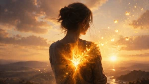 Immagine fantastica di una donna che, di spalle, su un monte guarda l'orizzonte al tramonto. Nella schiena ha una crepa dorata dalla quale emerge una piccola pianta e farfalle dorate. Le ferite possono diventare risorse
