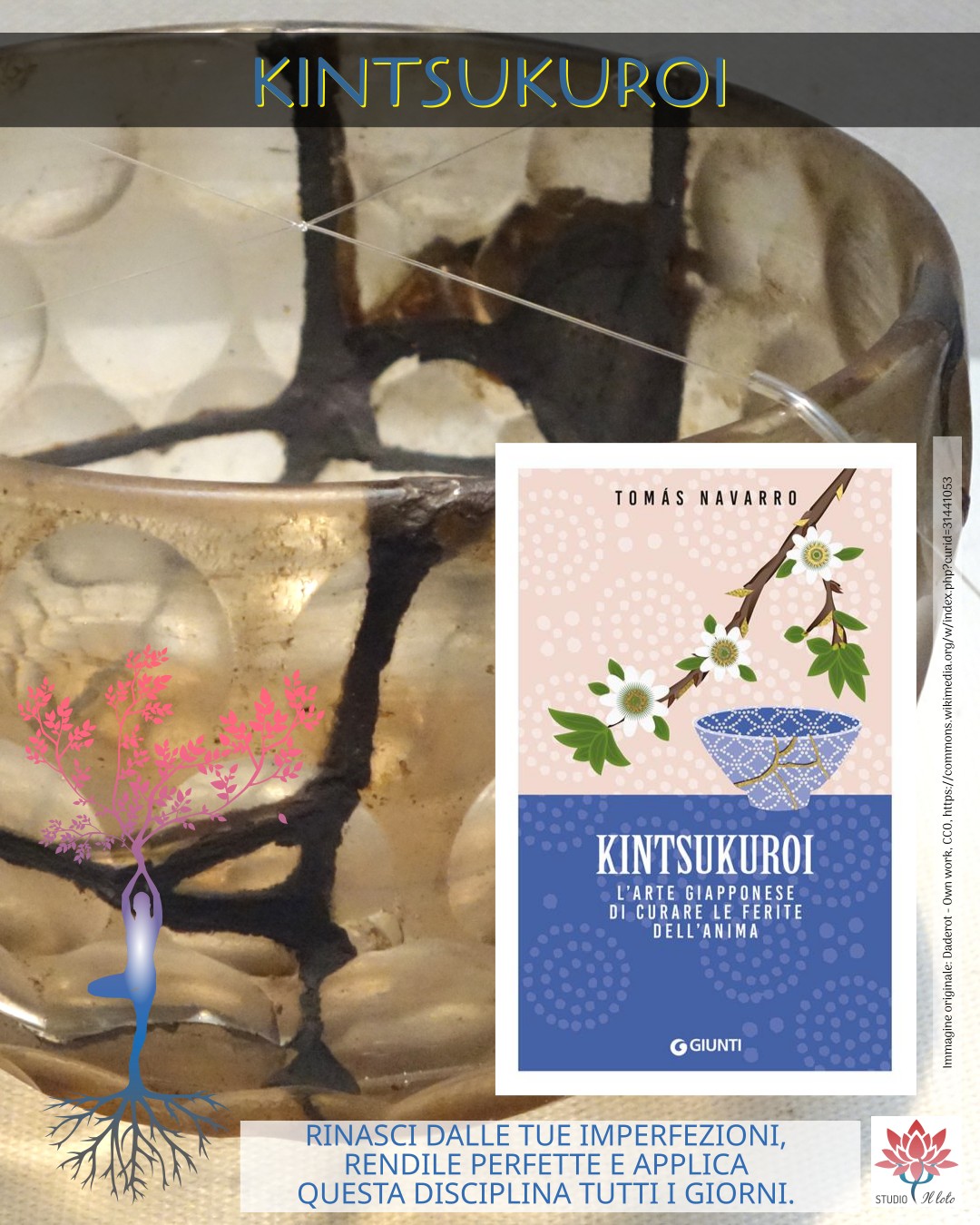 Una tazza riparata con la tecnica del kintsukuroi e la copertina del libro Una tazza riparata con la tecnica del kintsukuroi e la copertina del libro