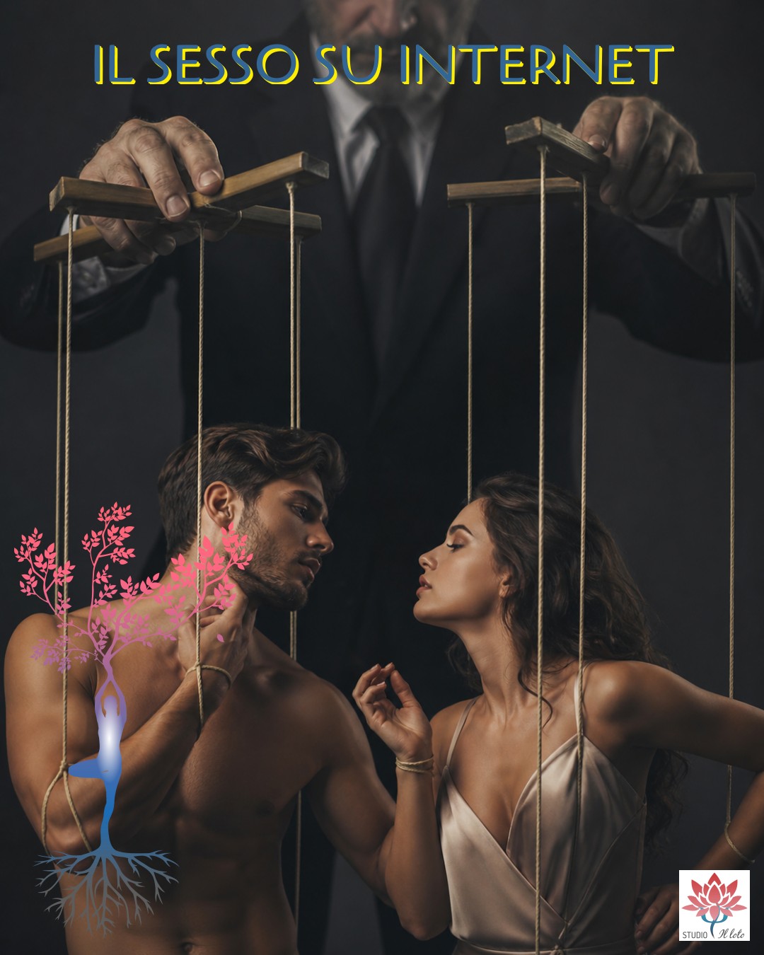 Uomo e donna sensuali sono manovrati come marionette sotto il controllo di un burattinaio Uomo e donna sensuali sono manovrati come marionette sotto il controllo di un burattinaio