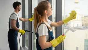 Giovane uomo e giovane donna che puliscono i vetri di una casa. Fare pulizia è necessario