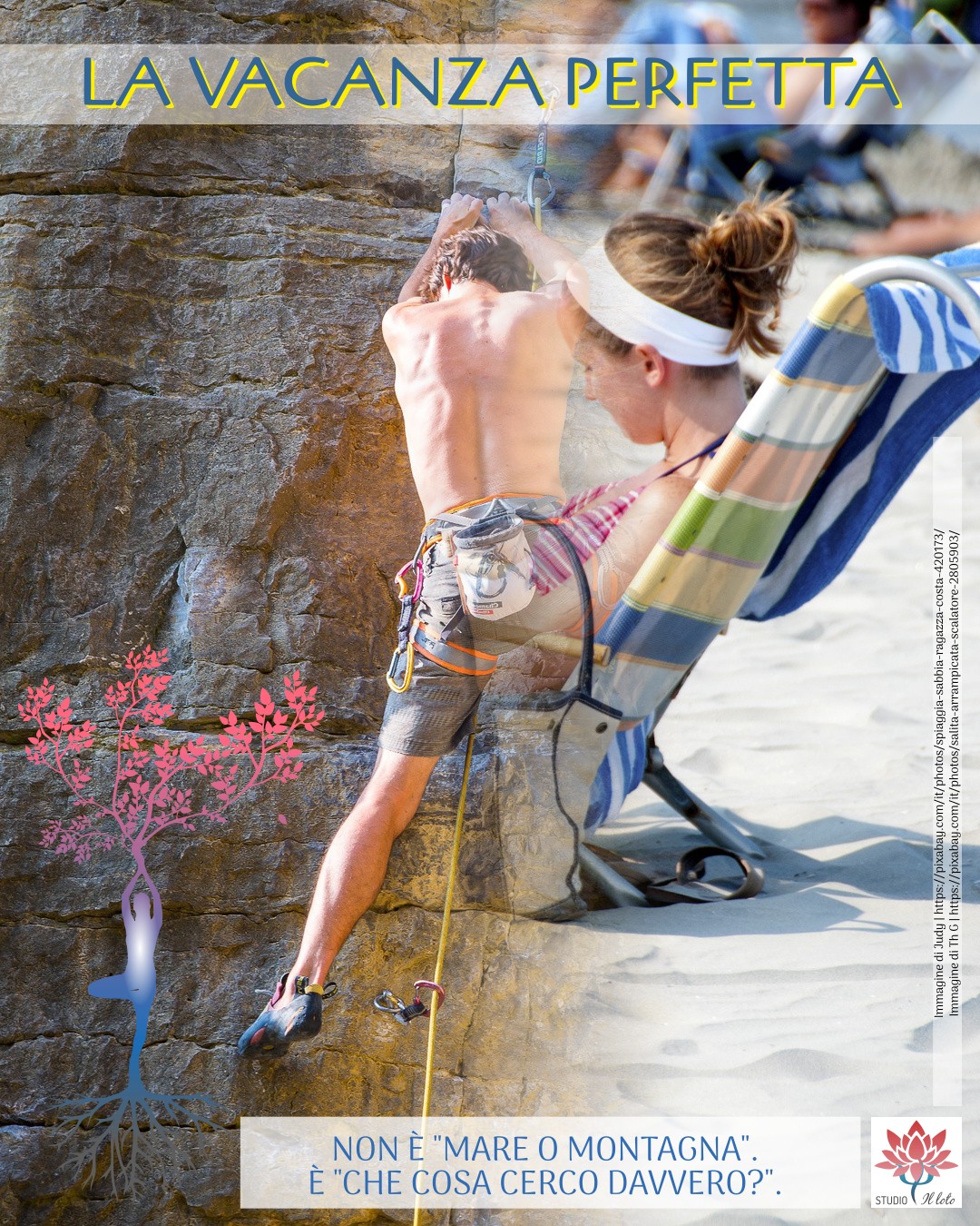 Relax e avventura fusi nella stessa immagine per rappresentare bisogni diversi in coppia. Immagine sfumata tra una donna che legge al mare e un uomo che arrampica.