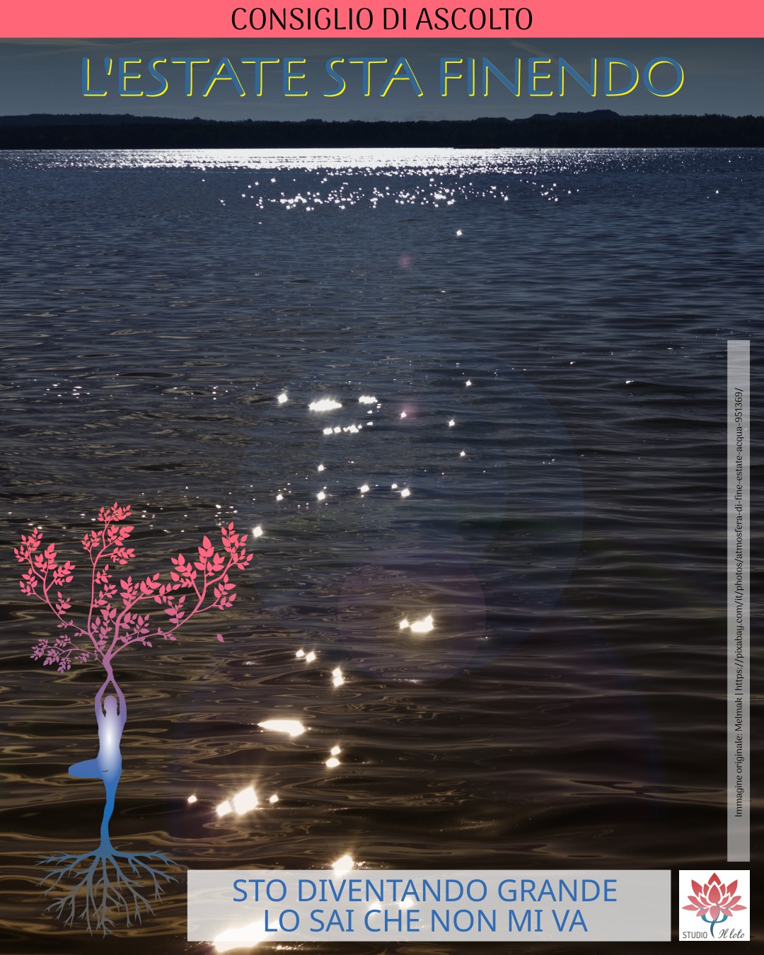 Immagine malinconica di un lago estivo con riflessi di luce e richiamo alla canzone dei Righeira: L'estate sta finendo