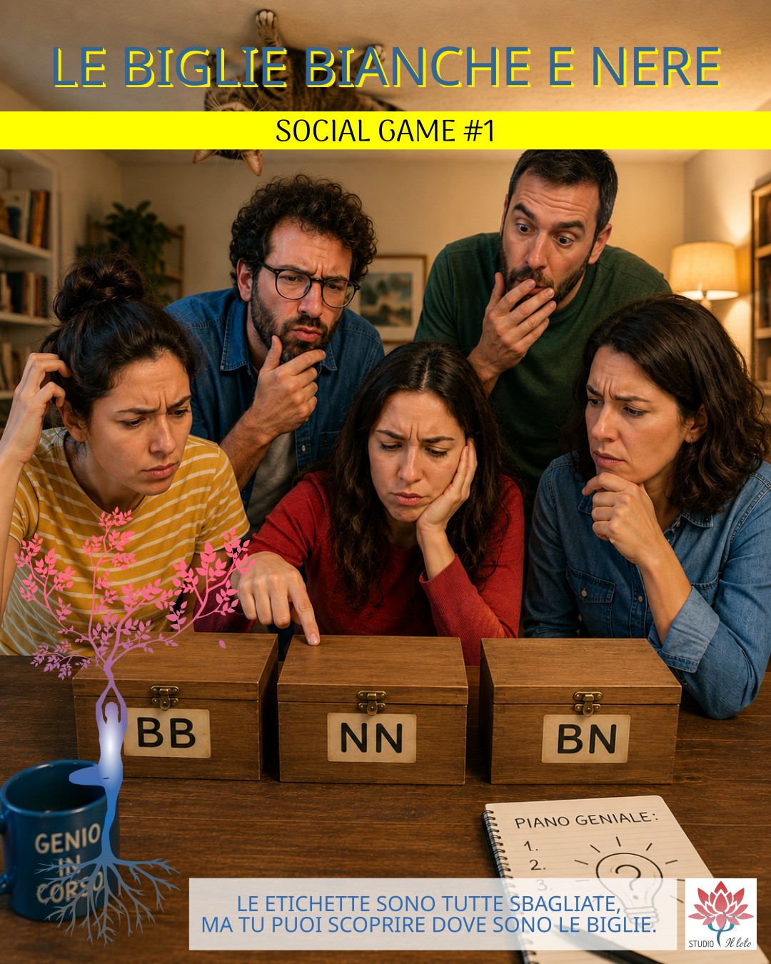 Un gruppo di amici riflette davanti a tre scatole di legno etichettate BB, NN e BN in un gioco di logica.