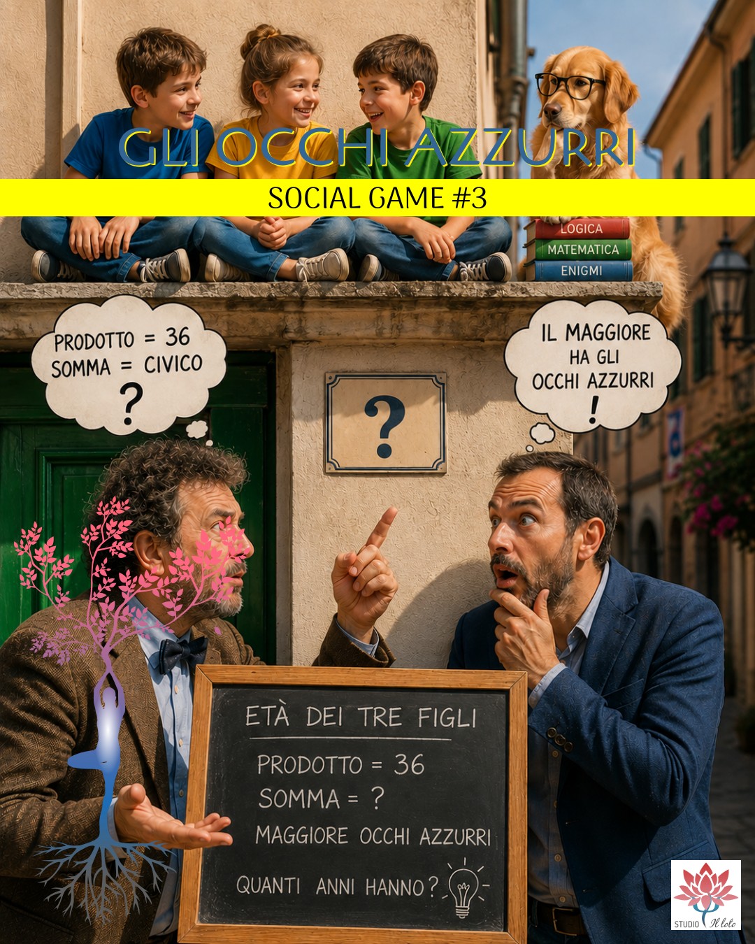 Enigma matematico dei tre figli con numero civico ignoto e indizio sugli occhi azzurri. Enigma matematico dei tre figli con numero civico ignoto e indizio sugli occhi azzurri.