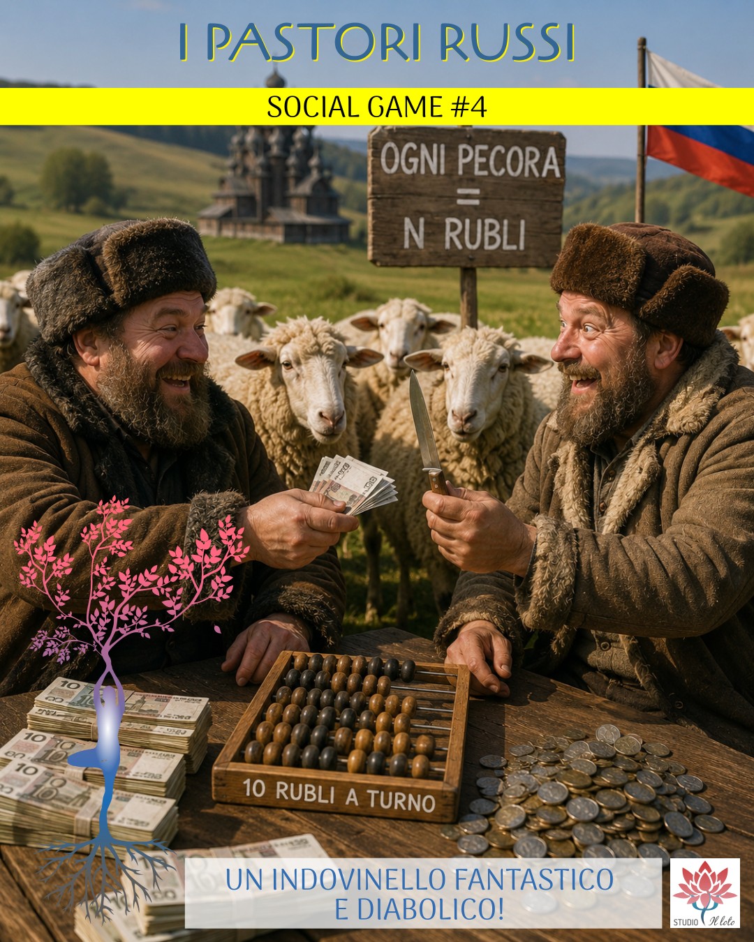 Indovinello dei pastori russi con pecore, rubli, monete e coltello per pareggiare i conti. Indovinello dei pastori russi con pecore, rubli, monete e coltello per pareggiare i conti.