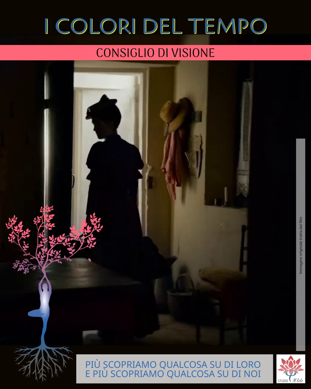 Consiglio di visione su I colori del tempo, con immagine in penombra e citazione sulla conoscenza di sé.