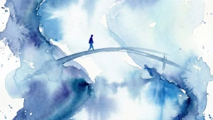 Persona su un ponte immersa in macchie d’acquerello azzurre.
