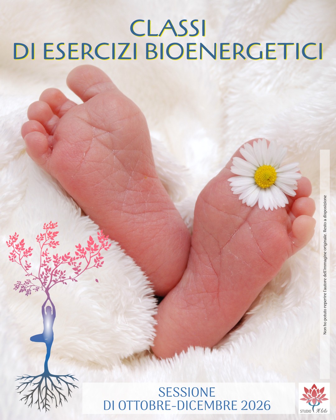 Due piedini da neonato con una margherita. Torniamo a respirare come un bambino
